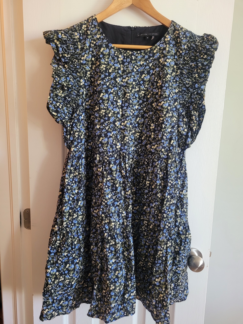 English Factory Black Floral Ruffle-Sleeve Casual Dress with Blue & White Print